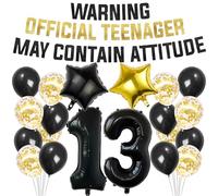 13th Birthday Party Decorations Balloons - 21Pcs Warning Official Teenager May Contain Attitude Banner Number 13 Foil Balloon For Boys and Girls 13 Years Old Anniversary Decor Supplies