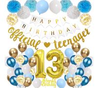 13th Birthday Party Decorations Boys - 58 Pcs Official Teenager Banner, Gold Foil Number 13 Balloons, Blue White Paper Flowers and Latex Balloons Set for Girls Kids 13 Years Old Party Supplies