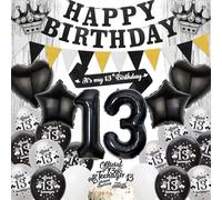 13th Birthday Party Decorations for Boys - Black Silver Happy Birthday Banner Pennant Flags Garlandand Sash, Star Heart Crown Number Foil Balloons Cake Toppers for 13 Years Old Teens