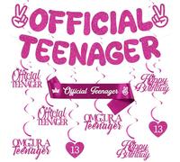 13th Birthday Party Decorations Girls - Pink Official Teenager Banner Bunting Decor Set with Sash, Happy Birthday and Number 13 Hanging Swirls for 13 Years Old Party Supplies