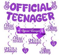 13th Birthday Party Decorations Girls - Purple Official Teenager Banner Bunting Decor Set with Sash, Happy Birthday and Number 13 Hanging Swirls for 13 Years Old Party Supplies
