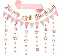 13th Birthday Party Decorations Girls - Rose Gold Happy Birthday Decor Set with Banner Glitter Garland, Official Teenager Sash Star Streamer Bunting for 13 Years Old Party Supplies