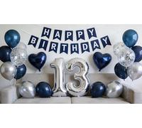 13th Birthday Party Decorations Silver Blue for Boys, Metallic Blue 13th Birthday Banner Silver Large Number 13 Heart Foil Confetti Balloons for 13 Years Old Teenager Party Supplies Him Her (13th)