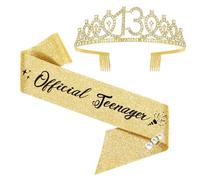 13th Birthday Sash and Tiara, Happy 13th Birthday Crown Birthday Gift for Girl, Teenager Thirteen Years Old Birthday Tiara Crowns for Girls Gift (Gold)