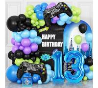 13th Birthday Video Game Balloons Arch,13th Party Balloons Garland Kit | 13th Video Game Birthday Supplies with Blue Number 13 Balloon Game Foil Balloons for 13 Year Old Teens Boys Decor