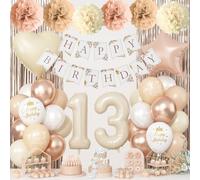 13th Cream Birthday Decorations for Girls, Beige Number 13 Heart Brown Star Balloons Neutral White Gold Nude Balloons with Boho Happy Birthday Banner Aesthetic Fringe Curtain Tissue Paper Pom Poms