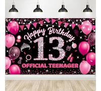 13th Girls Hot Pink Happy Birthday Photography Backdrops Cloth Glitter Diamond Hot Pink Birthday Photo Backgrounds 13th Happy Birthday Sign Party Decorations Banner for Girls 63 x 39.4 inch