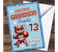 13th Grandson Blue Boxing Cat Teenager Boys Custom Personalised Birthday Card - Personalised Birthday Greeting Card for Kids, Custom Birthday Card