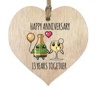13th Wedding Anniversary Plaque Gift for Husband Wife - 13 Years Together - Happy 13 Year Anniversary Wooden Heart for Women Men Partner, Light Wood Sign Keepsake Gifts