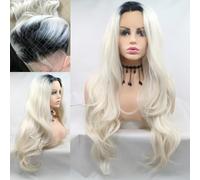 13x3" Pre-plucked Long Wave 26" White Blonde Ombre Synthetic Lace Front Wigs for Women Daily Cosplay Use Natural 60 Blonde with Dark Roots Heat Safe Replacement Party Wedding Wigs