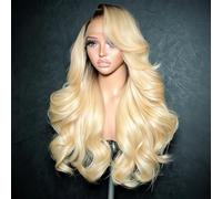 13x4 Blonde Ombre Bob Wig with Dark Roots Brazilian Remy Human Hair Double Drawn 180% Density Short Straight Wig Preplucked UHD Transparent Lace Frontal (4T613-Body Wave,18 Inch)