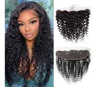 13x4 Lace Frontal Human Hair Deep Curly with 100% Unprocessed Brazilian Virgin Hair Extensions Natural Hairline Ear to Ear PLace Frontal Pre Plucked with Baby Hair(20Inch, Deep 13x4 Closure）