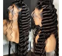 13X6 HD Lace Front Wig,30Inch Glueless Loose Deep Wave Wig Natural Black.Synthetic Lace Front Wigs Human Hair Touch,Vogue Highlight Technology-Premium Fiber & Human Hair Blended.