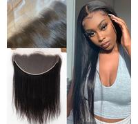 13x6 Transparent Lace Frontal 16 Inch 12A Brazilian Straight Frontal Closure Human Hair 100% Unprocessed Virgin Ear to Ear Pre Plucked with Baby Hair 150% Density Natural Black