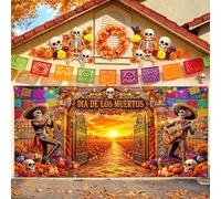 13X6ft Dia De Los Muertos Garage Door Backdrop, Mexican Day of The Dead Sugar Skull Mariachi Skeleton Marigold Papel Picado Halloween Fiesta Outdoor Garage Yard Party Decorations