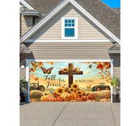 13X6Ft Fall for Jesus Garage Door Cover Banner Decorations, He Never Leaves Thanksgiving Backdrop Garage Door Autumn Backdrop Wall Decorations for Outdoor Home Yard Decor Party Photo Backgrounds