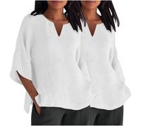 (14, 011* White) 2PCS Womens Tops 3/4 Sleeve Shirts Casual V Neck Cotton Linen T Shirts Plus Size Blouse Loose Fit Pullover Dressy Tshirts Going Out Tops Trendy Y2K Ou