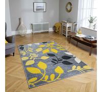(14. 1096 1 Floral - Grey / Yellow, 80 x 150 cm) Modern Geometric Floral Abstract Area Rugs Check Multi Coloured Non Slip Runner