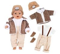 14-18 Inch Doll Clothes, 4 Pcs Winter Baby Doll Clothes for 30-45cm Doll, 43cm Doll Outfits Include Brown Polka Dot Coat+Dungaree Set+Hat+ Socks, Compatible with NewBorn Baby
