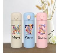 14.2oz Floral Thermos, Customizable with 26 Floral Letters and a Printed Name, Leak-Proof with a Straw and Multiple Colors Available. Perfect for Mother's Day, Father's Day, Christmas, or Birthdays.