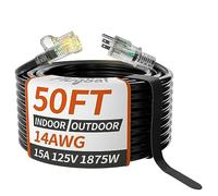 14/3 Gauge Black Outdoor Extension Cord 50 ft Waterproof with Lighted Indicator, Cold Weatherproof -40°C, Flexible 3 Prong Extension Cord Outside,15A 1875W 14AWG SJTW, ETL Listed PlugSaf