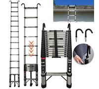 14.4FT Telescoping Ladder 4.4M Heavy Duty Multi-Purpose Stainless Steel Telescopic Extension Ladder with 2 Roof Hooks, Portable Extendable 14 Steps Loft Ladders, Collapsible Ladder Home Tall Ladder