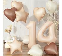 14 Balloons Beige Apricot, Cream Nude Brown Taupe Sand White Heart Number 14 Balloon Decor, Neutral Tan Foil Helium Star Balloons Set for Women Girls 14th Birthday Wedding Anniversary Party Decoration