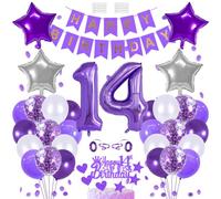 14 Birthday Decoration Happy Birthday Banner Balloons Garland Cupcake Toppers Purple Number 14 Helium Balloon Birthday Decorations for 14 Year Old Boy Girl Birthday Party Supplies Photo Backdrop