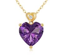 14 Carat Gold Love Heart Amethyst Birthstone Pendant Necklace for Women 3Ct Heart-cut Created Gemstone Anniversary Birthday Mother's Day Necklaces for Her 16+1+1 inch-Feb