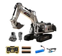14 Channel Remote Control Excavator Toy with 3 Replaceable Heads | Alloy Bucket And Multi-joint Arm Designed For Realistic Construction Play, For Boys Who Love White Grey 3 Battery