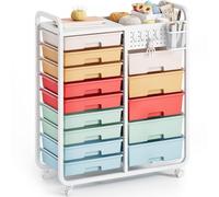 14-Drawer-Storage-Craft-Organizer-Trolley-Cart with DIY Pegboard & Hanging Basket & 4 Hooks for Office, Home, School Classroom, Art Supplies, Mobile Craft Organizer Drawer Cart,Multicolor