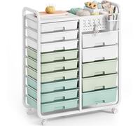 14-Drawer-Storage-Craft-Organizer-Trolley-Cart with DIY Pegboard & Hanging Basket & 4 Hooks for Office, Home, School Classroom, Art Supplies, Mobile Craft Organizer Drawer Cart, Green