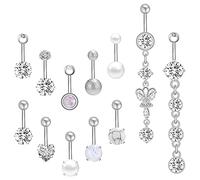 14 Gauge Pearl Belly Rings Stainless Steel Navel Rings Barbell CZ Belly Button Rings Dangle for Women 14 Gauge Body Piercing Jewelry (12pcs Silver)