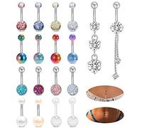 14 Gauge Pearl Belly Rings Stainless Steel Navel Rings Barbell CZ Belly Button Rings Dangle for Women 14 Gauge Body Piercing Jewelry (18pcs Sliver)