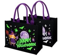 14'' Halloween Trick or Treat Bags, Glow in The Dark Halloween Tote Bag, Canvas Reusable Candy Bags for Trick or Treating, Black, Purple Witch