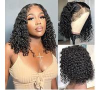 14 Inch Deep Wave Bob Wig Human Hair Wig for Black Women,HD Lace Front Wigs Human Hair Pre Plucked,Glueless 13x4 Deep Curly Bob Lace Frontal Wigs Human Hair 180% Density Wet and Wavy Natural Color