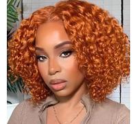 14 Inch Ginger Orange Curly Bob Wig Human Hair 13x4 HD Deep Wave Lace Front Wigs 180 Density Daily Use