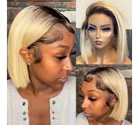 14 Inch Lace Front Wig 150% Density Glueless Pre Plucked Middle Part 13x1 Brazilian Human Hair Straight Wigs for Black Women (#1B/613)