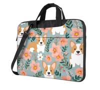 14 Inch Laptop Shoulder Bag For Men Women,Waterproof Briefcase Messenger Bag Corgi Floral Flowers Spring Garden Laptop Sleeve Bag W/Strap Handle