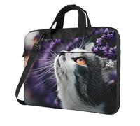 14 inch Portable Laptop Bag Shockproof Light Laptop Case Inner Storage Pockets with Exquisite Cat Looking at Lavender Print