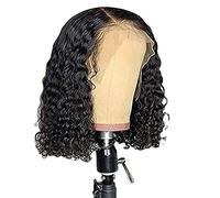 14 Inches Long Wavy Wigs Deep Wave Lace Frontal Wigs Brazilian Hair Wigs Black Women Black 150% Density (As shown in the color)