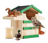 14 Inches Screech Owl House, Wooden Owl Nesting Box with Food Rack, Large Handmade Opening Nesting Box with Mounting Screws & Wood Shavings, Outside Hanging for Backyard