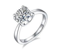 14 K White Gold Ring, Small Engagement Ring 4 Prongs Round with 0.5ct Moissanite Au585 Silver Band Size U 1/2