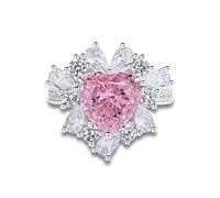 14 Karat White Gold Rings, Promise Ring Flower Moissanite with Heart Shape Lab Created Pink Sapphire 4ct Au585 Silver Band Size K 1/2