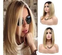 14" Mixed Blonde Ombre Short Straight Bob Synthetic Lace Friont Wigs 180% Density Heat Resistant for Woman Lace Front Wig