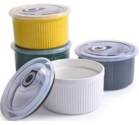 14 oz Ceramic Ramekins with Lids, Set of 4 Oven Safe Porcelain Creme Brulee Ramekins for Baking, Souffle, Pudding, Dessert, Dip, Leftovers & Food Storage, (Multi-color)
