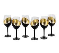 14 oz Modern Slanted Matte Black and Gold Tone Stemmed Wine Glasses, Elegant Angled Design with Metallic Interior Accent Glass Stemware, Set of 6