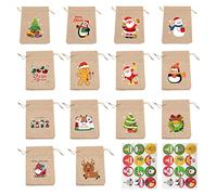 14-Pack Christmas Bag with 2 PCS Christmas Stickers, Christmas Candy Bag, Burlap Mini Bag, Gift Bag with Drawstring, Kids Christmas Party Supplies for Gift Wrapping, Holiday Party.