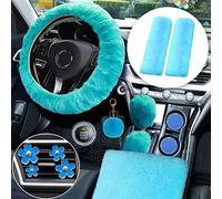 14-Pack Fluffy Car Accessories Set,Silence Shopping Fluffy Steering Wheel Cover Winter Warm Fur Steering Wheel Cover Short Hair Car Decoration Accessories for Women Girls (Lake blue)