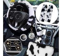 14-Pack Fluffy Car Accessories Set,Silence Shopping Fluffy Steering Wheel Cover Winter Warm Fur Steering Wheel Cover Short Hair Car Decoration Accessories for Women Girls (White and black)